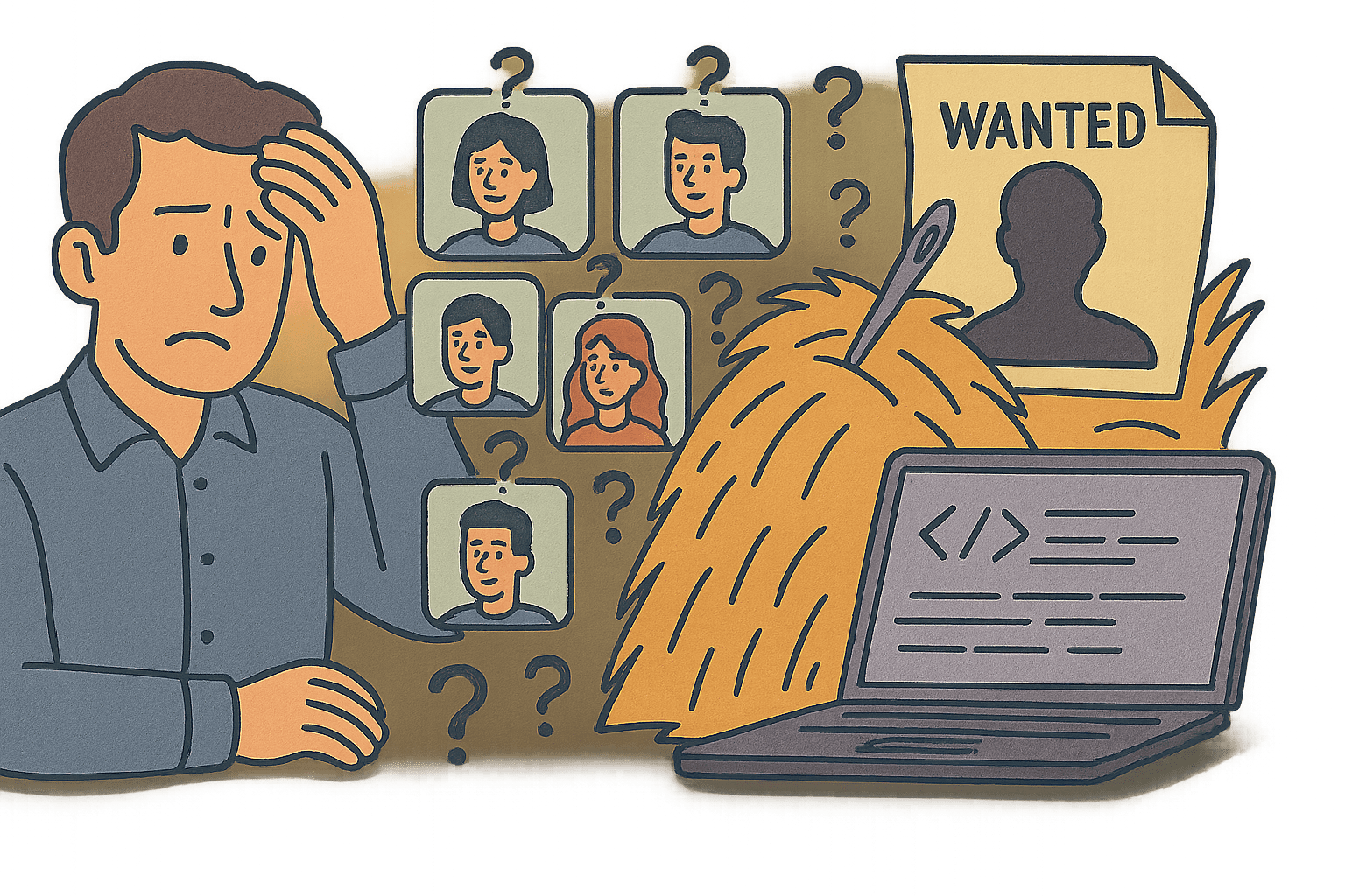 Frustrated business owner overwhelmed by hiring challenges and skill gaps